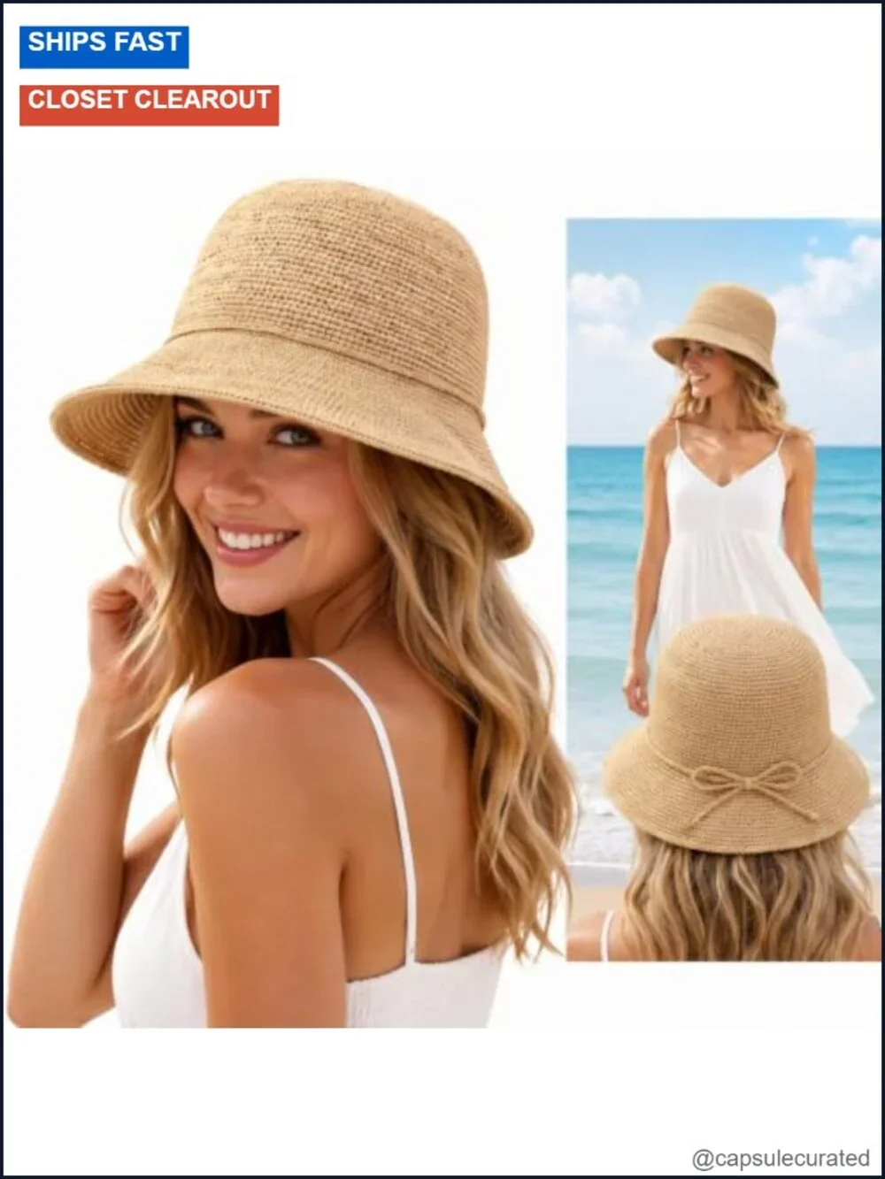 Women's Straw Bucket Hat Beach Sun Protection Wide Brim Packable Adjustable